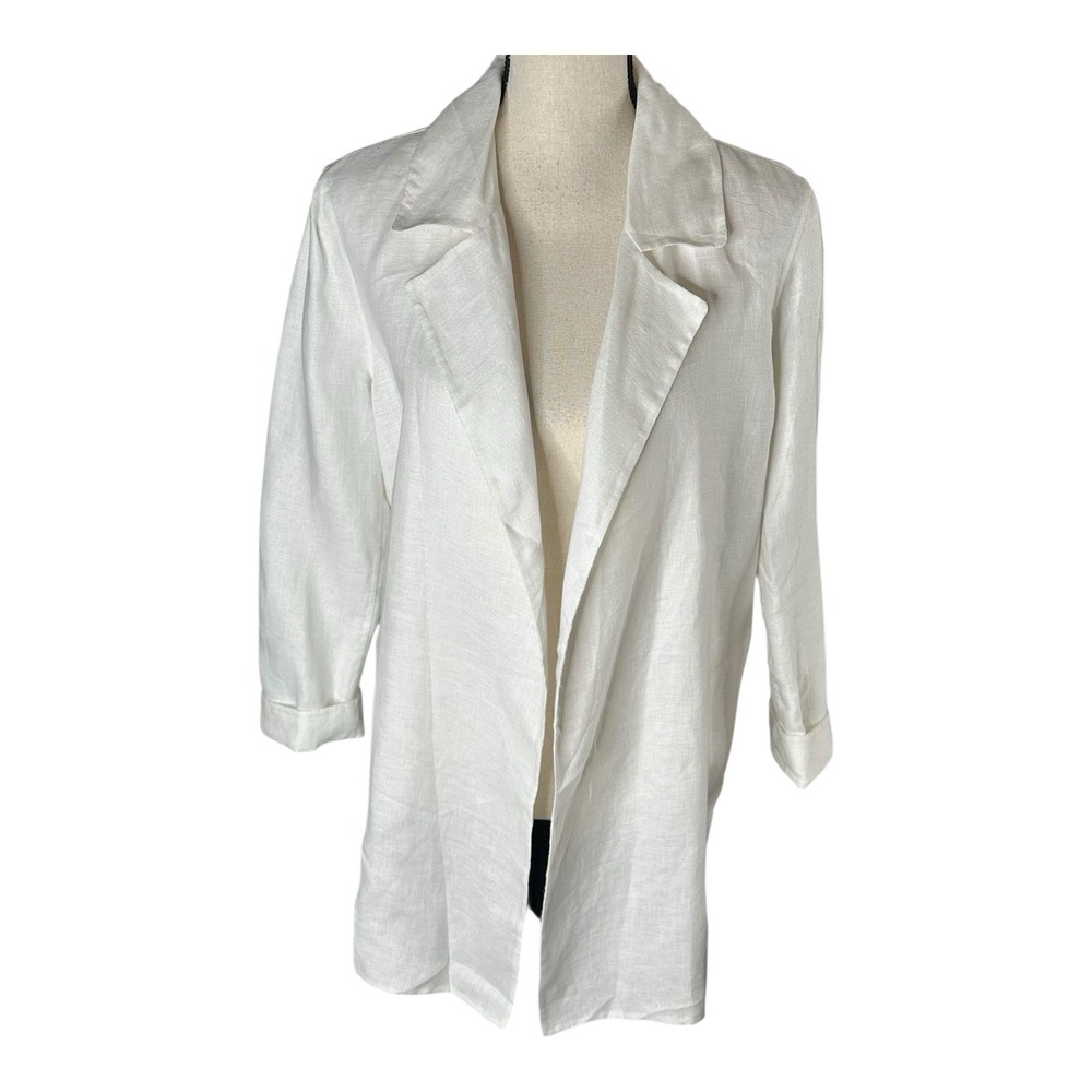 Theory White Linen Oversized Open‎ Front White Pocket Blazer Size Medium